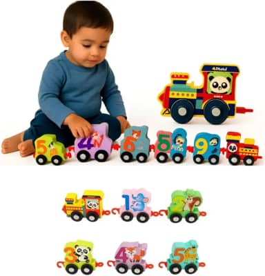 Trem de Madeira Montessori Educativo Infantil Com Números e Animal Brinquedo Coordenação motora Reconhecimento de números e animais Raciocínio lógico e criatividade Doméstico ou Escolar