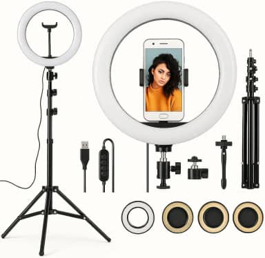 Ring Light LED 12' com Tripé 2,1m e Dimmer, Iluminação Profissional para Lives, Selfies e Estúdio