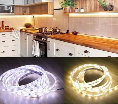 Fita de Led Luz Fixa c/ 120 Leds 2 Metros Branco Quente (Amarela) Ou Frio (Luz Branca) Usa Pilhas 3 AA Autoadesivagem Uso Externo/Interno Cozinha Decore Casa Escritório Quarto Natal (Branco Frio)