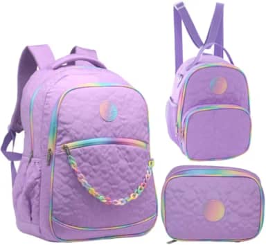 Kit 3 Peças Mochila De Costas Estampa Coração Com Estojo Lancheira Tipo Mochila Feminina Escolar Juvenil 18”