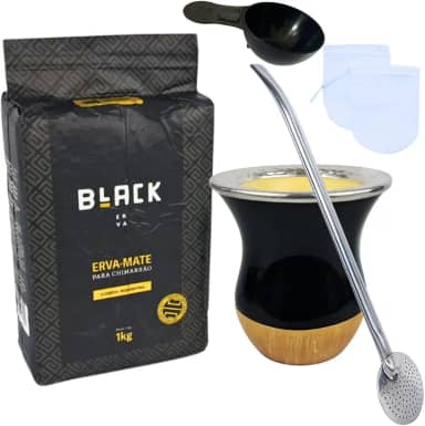 Kit Chimarrão com Erva Clássica Moagem Fina 1Kg + Cuia Preta Imitação madeira + Bomba Inox 23 CM (TRADICIONAL)