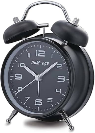 OhM-ega Despertador duplo com sino alto para pessoas com sono pesado, movimento silencioso, luz de fundo, despertador à moda antiga operado por bateria para quarto, 10 cm, preto