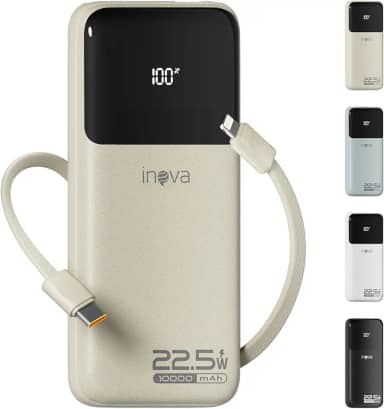 Carregadores Portáteis, Bateria de Carregamento Rápido de 10000 mAh com Cabo de Saída USB-C (22,5 W) e iOS (10 W) Integrado, Compatível com iPhone, Android, Samsung Etc (Bege)