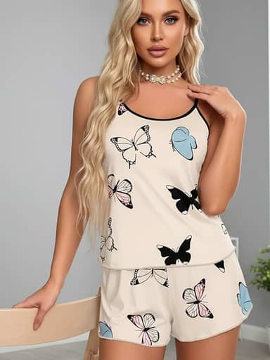 Conjunto de pijama feminino, conjunto de pijama estampado de duas peças, top e short com alças finas, conjunto de roupa de descanso para mulheres