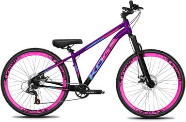 Bicicleta Aro 26 KOG 1x7 Freeride – Bike para Grau, Freeride Urbano, Suspensão 80mm, Freios a Disco, 7 Velocidades, Preto Roxo