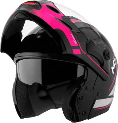 Capacete de Moto Mixs MX Captiva Route Brilhante Com Viseira Interna Solar Óculos de Sol Articulado Escamoteável Robocop Cinza Com Rosa