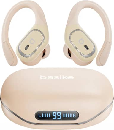 Basike Fone de Ouvido Bluetooth Esportivo TWS 6.0, Som Hi-Fi Estéreo, Intra-Auricular, IPX5 à Prova d’Água, 3 Tamanhos de Pontas para Atividades ao Ar Livre – Bege Claro