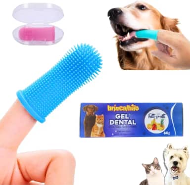Escova de Dente para Pet Dedeira + Gel Dental Kit Higiene Bucal Cachorro Pasta de Dente Pet