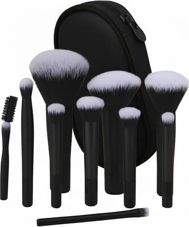 Kit 10 Pincéis de Maquiagem Profissional com Estojo, Cerdas Sintéticas Macias para Base, Pó, Blush e Sombra, Completo para Iniciantes, Portátil para Viagem e Presente (Preto)