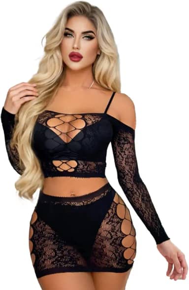 Conjunto de lingerie feminina sexy arrastão babydoll body top cropped saia plus size conjunto de lingerie de malha roupa de dormir roupa de clube, Preto, Tamanho Único