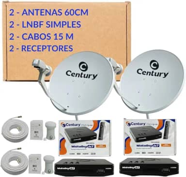 Kit 2 Antenas Parabólicas Ku Century 60cm + 2 Receptor Midiabox B7+2 LNBF Simples Universal + 2 Cabos 15m