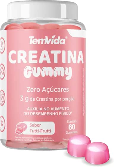 Creatina Gummy 60 Gomas 4,5g Tem Vida - 3g de Creatina por porção - Praticidade e Performance (60 Gomas, Tutti-Frutti)