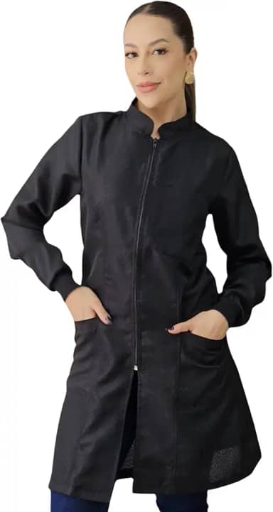 Jaleco Feminino Oxford Preto Ziper Manga Longa Avental