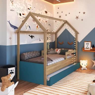 Cama Infantil Montessoriana com Cama Auxiliar Aveiro Oak/azul Secreto