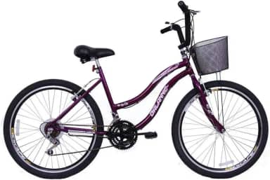 Bicicleta Feminina 26 Beach Violeta de 18 Velocidades com Aros duplos, Pneus Slik e Cesta- Dalannio Bike