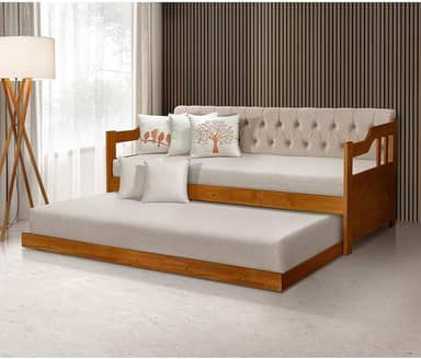 Sofá Cama Dublin Estofado Capitonê Veludo Bege Madeira Maciça com Cama Auxiliar - Castanho
