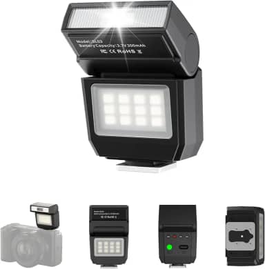 ULANZI Câmera SL03 Mini Flash Speedlite com Luz de Vídeo, GN8 6500K Flash Externo Ângulo Ajustável Speedlite de 90° Compatível com Sony/Canon/Fuji/Nikon DSLR, Suporte Universal Single Contact Hot Shoe