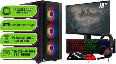 PC Gamer Completo Alligator Shop Intel i7 3770, Radeon RX 550 4GB, Memoria 16GB DDR3, SSD 480GB, Monitor 19 Polegadas