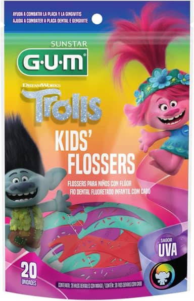 Flosser GUM Trolls, Fio Dental com haste, Sabor Uva, 20 unid., Gum, Sortidas, Pequeno