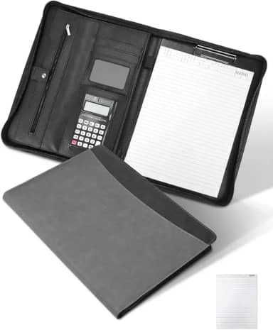 Pasta Executiva A4, Sofisticada, Cinza, 26x34 cm, Couro Sintético, 100 Folhas A4, Calculadora Solar de 12 Dígitos