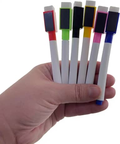 Kit 6 Pçs Caneta Quadro Branco Marcador Magnética Apagador e Imã Porta Recados Geladeira Coloridas (1)