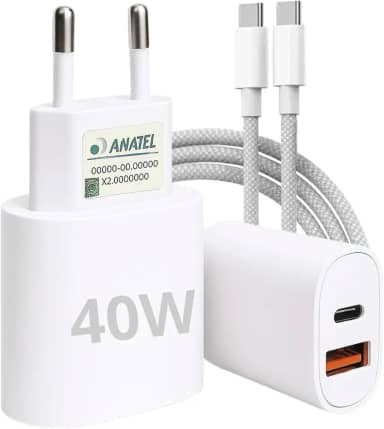 Carregador Tipo C Turbo 40W 9.1A Com Cabo USB-C Compatível com Android e IOS. Duas entradas: USB e USB-C Carga Rápida Tecnologia PD Power Duo - Premium