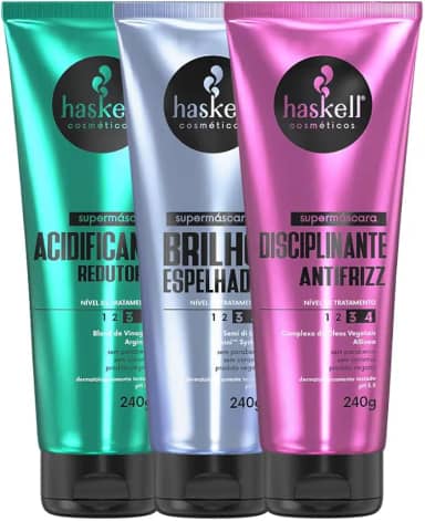 Kit Supermáscaras Haskell Acidificante Redutor de pH, Brilho Espelhado e Disciplinante Antifrizz 240g