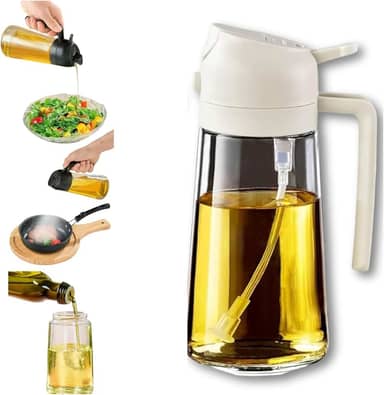 Borrifador e Dosador 2 em 1 para Azeite e Óleo 470 ml Galheteiro de Vidro Premium com Controle de Dose e Spray para Cozinha, Airfryer, Saladas e Churrasco Prático, Econômico e Sem Resíduos (Branco)