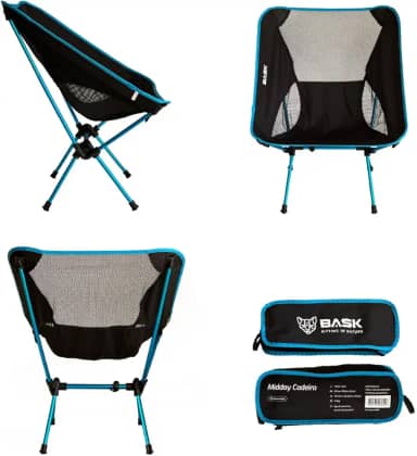 BASK Cadeira Dobrável Ultralight de Alumínio – 1 kg, Compacta 37×13 cm, 150 kg de Capacidade, Portátil para Camping, Praia e Trilhas