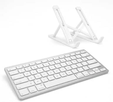 Kit Teclado Bluetooth com Suporte para Notebook, Design Compacto e Portátil, Conexão Sem Fio, Cor Branca -