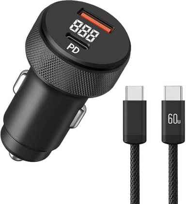 Carregador Veicular Turbo 60W com Display LED Para Automóvel Duas Entradas USB e Tipo-C + Cabo USB-C Rápido Compatível com Android e IOS,PREMIUM