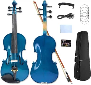 Yinfente 5 cordas violino elétrico acústico bordo abeto madeira acústico violino ébano acessórios para violino 4/4 cor azul com arco de violino (azul)