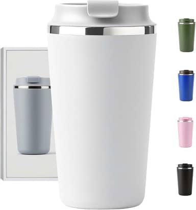 Copo Térmico Café - 510ml, Parede Dupla Isolamento Inox 304, Base Emborrachada, Quente 6 horas, Feito Para Viagem To Go (Branco)