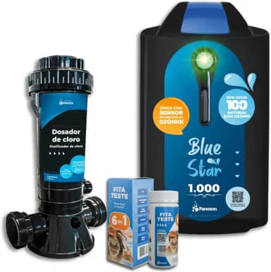 KIT Gerador de Ozônio Blue Star 1000 com Dosador de Cloro e Fita Teste Para Piscina de até 25.000 Litros