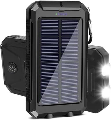 Power Bank Solar Portátil, 10000mAh, Preto, Carregamento Rápido, Bateria Solar com LED, USB Duplo, Resistente à Água IP4, para Smartphones e Dispositivos USB (Preto)