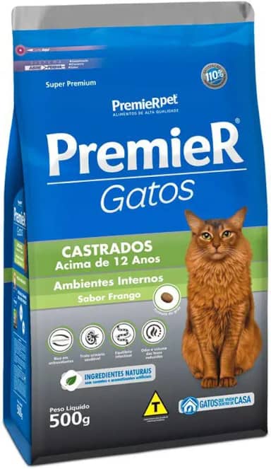 Premier Pet Ração Premier Ambientes Internos Para Gatos Adultos Castrados 12+ Sabor Frango - 500G Sabor Frango