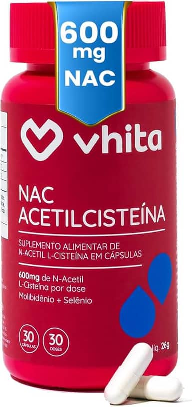 Vhita NAC N-acetil L-cisteína 600mg, Suplemento Com Selênio e Molibdênio, 30 Cápsulas