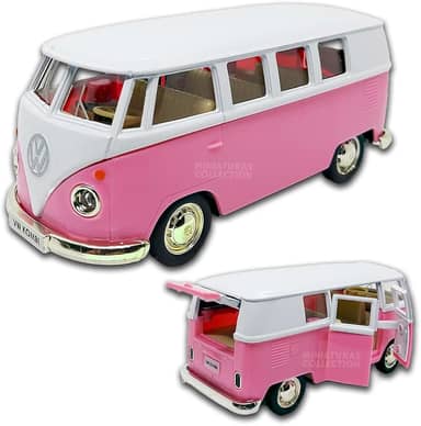 Miniatura de carro Kombi 1969 em metal, Carrinho de ferro Kombi 1:32, 13 CM, RMZ City (Rosa e Branco)