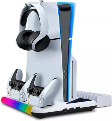 Suporte Cooler de Resfriamento RGB Carregador Controle Compatível com Console PS5 / PS5 Slim Playstation, com 2 Carregador Controle Bateria 600mah