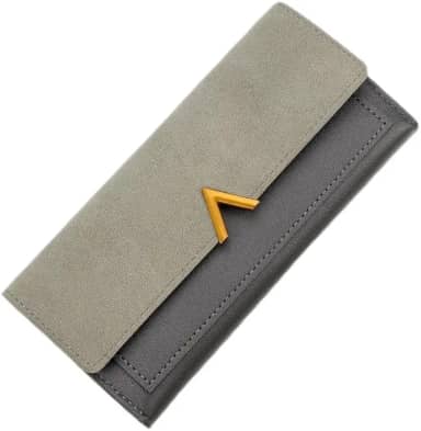 Carteira feminina com dobra tripla – Porta-cartões de couro PU fino com vários compartimentos, organizador de dinheiro longo e dobrável, Cinza, Moderno