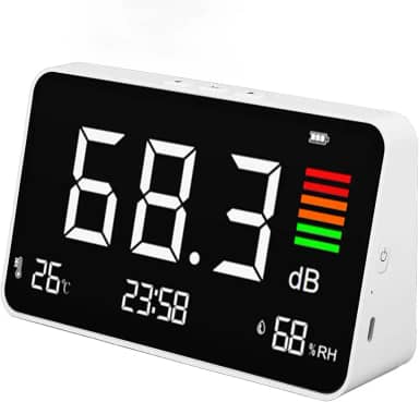 5 Em 1 Decibel Medidor, Desktop Nível Medidor de Som 30-130dB, Display LCD Ruído e Tempo e Temperatura e Umidade Medidor para Casa, Estúdio, Biblioteca