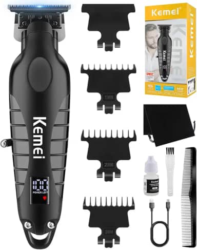 KEMEI Aparador de cabelo profissional sem fio para homens, aparador de barba elétrico, kit de cortes de cabelo de barbeiro, aparadores de lâmina em T com abertura zero com visor LCD, KM-2293, preto