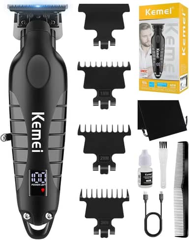 KEMEI Aparador de cabelo profissional sem fio para homens, aparador de barba elétrico, kit de cortes de cabelo de barbeiro, aparadores de lâmina em T com abertura zero com visor LCD, KM-2293, preto
