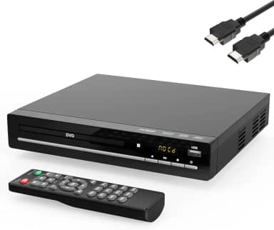 Leitor de DVD HD para TV com HDMI, sem região, leitor de CD para casa, reproduz todas as regiões e formatos, mini leitor de DVD com cabos USB, controle remoto, HDMI e RCA incluídos (DVD-003)