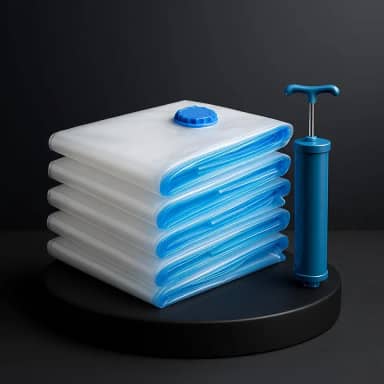 Kit 5 Sacos a Vácuo Premium 50x60cm com Bomba Manual | Organizador para Roupas de Viagem, Edredom, Toalha, Cobertor | Saco Vacuo Reutilizável, Impermeável, Antimofo, Vedação Dupla e Fácil Uso