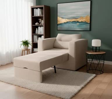 Poltrona Cama Solteiro Retrátil Marissol Veludo Premium Bege Aconchagante