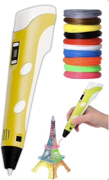 Caneta Impressora 3D USB Bivolt com Controle de Temperatura, Display LCD e Filamentos ABS/PLA - Kit Completo para Crianças e DIY Criativo (Amarelo)