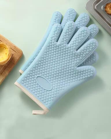 2 luvas de forno de silicone resistentes ao calor – Luvas de grelha de camada dupla com 5 dedos, luvas de forno de cozinha impermeáveis e antiderrapantes para cozinhar, assar, churrasco (azul)