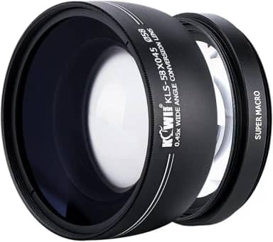 Kiwifotos Lente de conversão grande angular de 58 mm 2 em 1 0,45X + lente Super Marco com ampliação de 10x, com tampa de lente traseira e frontal, bolsa para lentes, pano de limpeza