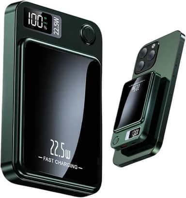 Power Bank 10000mAh Carregador Leve Bateria Universal Portátil com Indução 22,5W PD Carga Rápida Display LED Indicador Saída/Entrada USB-A USB-C Tipo-C Compatível com iPhone 16/15/14/13/12/11 (Verde)